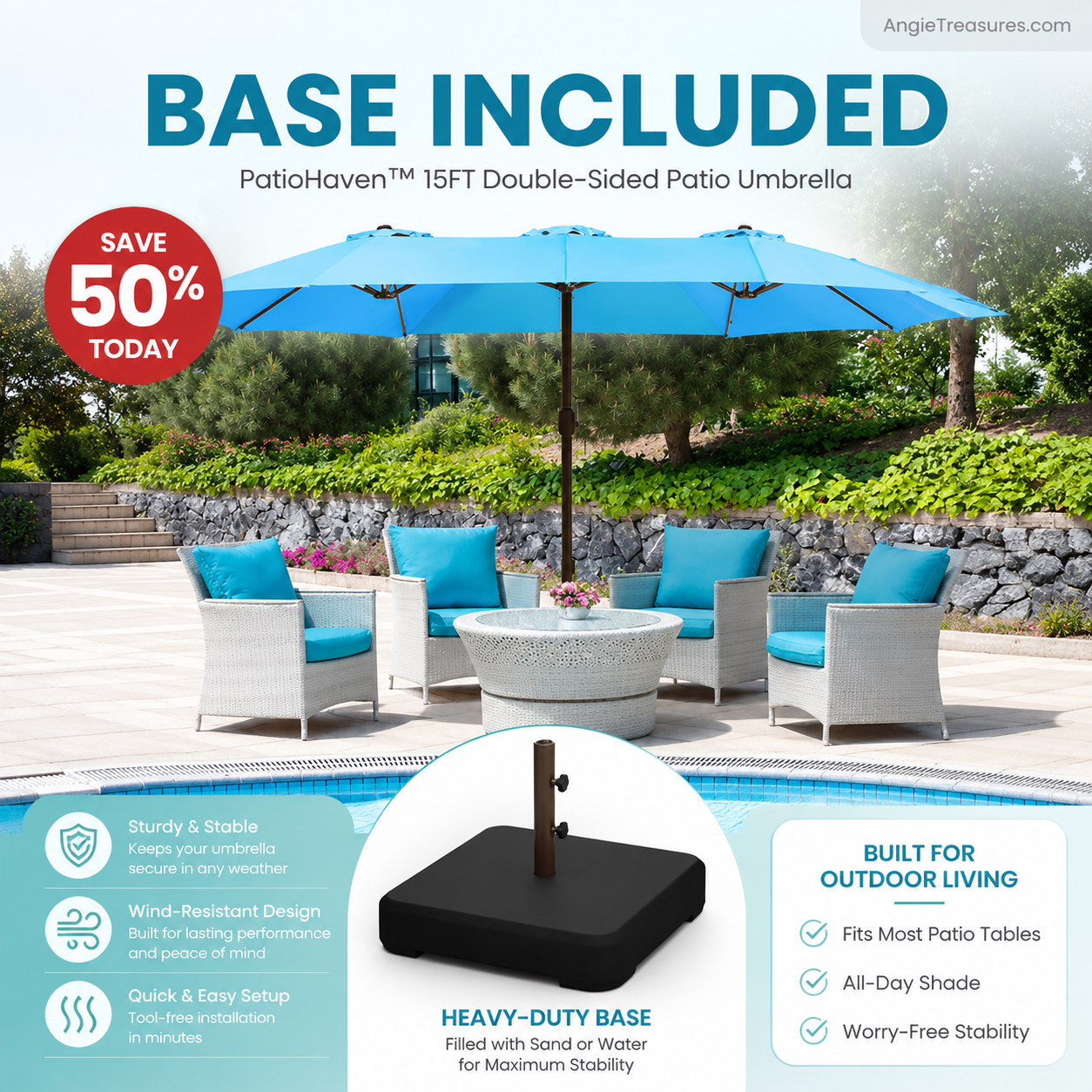 PatioHaven™ 15FT Double-Sided Patio Umbrella with Base