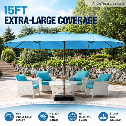 PatioHaven™ 15FT Double-Sided Patio Umbrella with Base