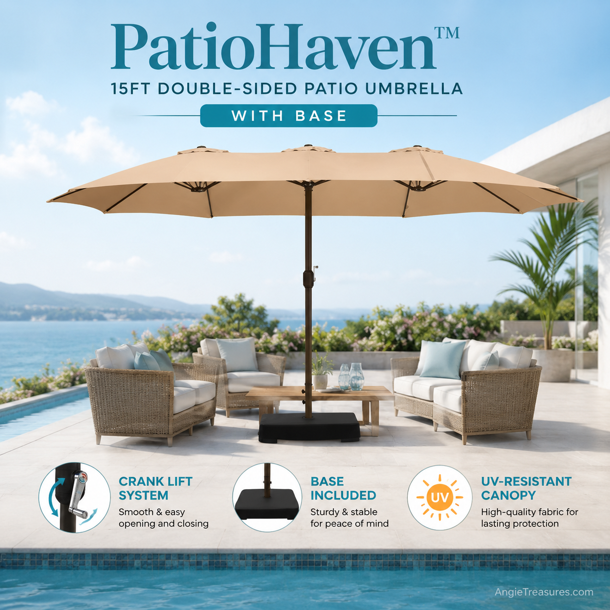 PatioHaven™ 15FT Double-Sided Patio Umbrella with Base