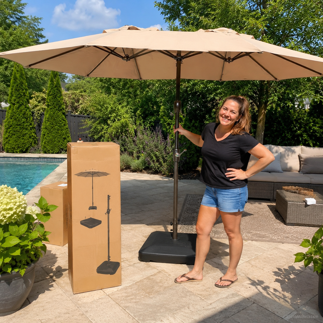 PatioHaven™ 15FT Double-Sided Patio Umbrella with Base